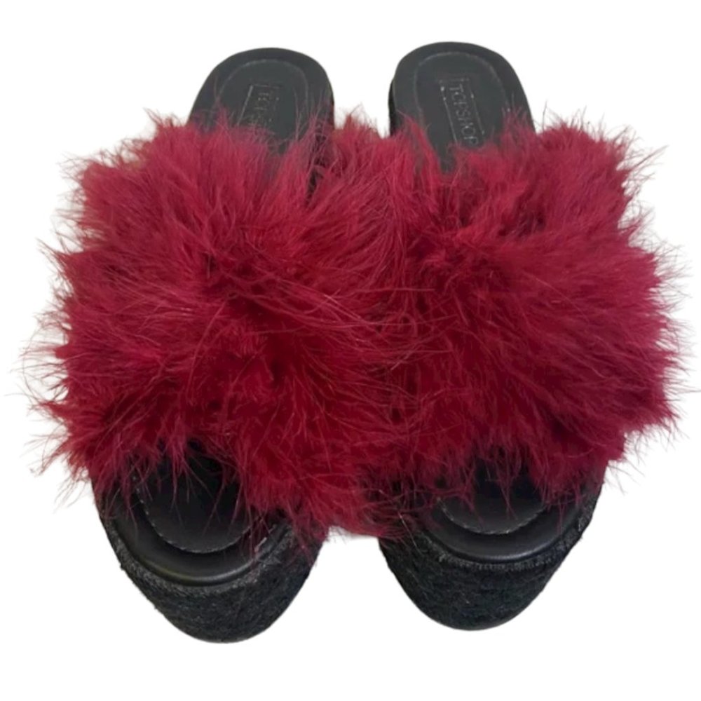 Topshop Warren Fluffy Espadrilles Red Feather Black Platform Heels Size …